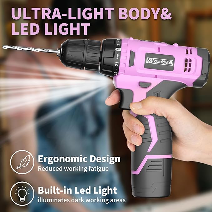 FADAKWALT Cordless Drill Set, 12V Power Drill Set with Battery and Charger, 3/8'' Keyless Chuck, 21+1 Torque Setting, 180 inch-lbs, Pink Electric Drill for Women's Garden DIY Projects（Pink)