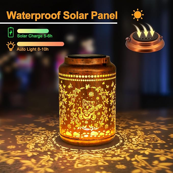 YISITEONE Cat Outdoor Solar Lanterns, Garden Waterproof Metal Hanging Decor Lights for Patio Yard Pathway Lawn Front Porch, Birthday Gardening Cat Lovers Gifts for Women Mom Grandma