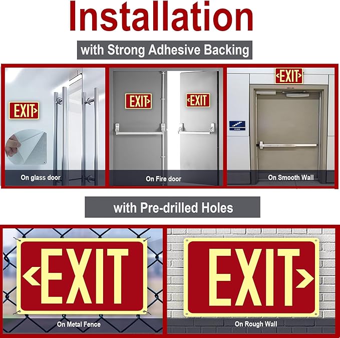 4Pack Photoluminescent Exit Sign Red, 14"x 10" Aluminum Glow In The Dark Exit Signs with Strong Adhesive Backing and 8pcs Removable Directional Arrows Glow In The Dark,Easy to install