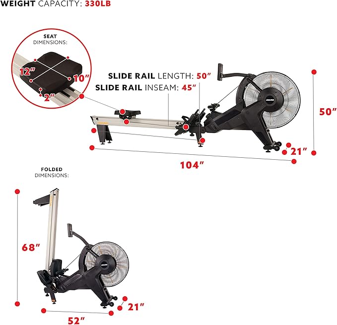 Sunny Health & Fitness Premium Smart Air & Magnetic Resistance Rowing Machine, Foldable Long Silding Rail Exercise Rower for Home Training, Optional Free SunnyFit App Connection