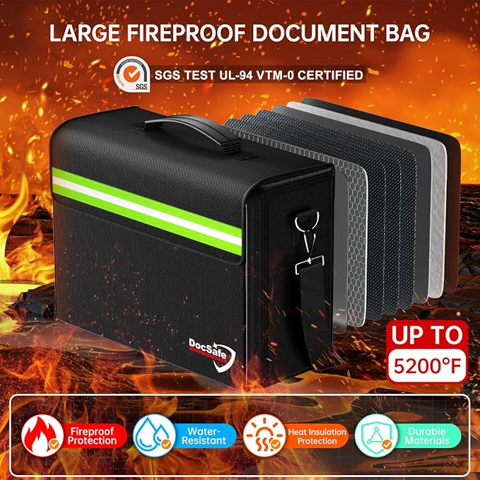 DocSafe 5200°F Large Fireproof＆Wate-Resistant Document Bag with Multiple Pockets,(17”x12.5”x7.2”) File Storage Organizer Important Document Holder
