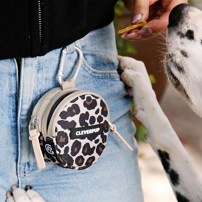 Snackpack Double Insulated Dog Treat Pouch - Holds 1.5 Cups - Dog Training and Walks Snack Bag, Two Pockets for Dry or Wet Treats, Attaches to Leash, Belt, or Bag - Leopard