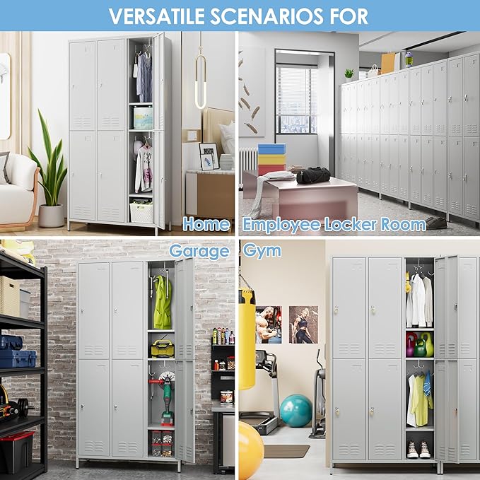 6 Doors Metal Locker Employee with Business Card Holder,Metal Locker for Employees with 18 Hooks for School Garage Office Gym Home,Assembly Required,Light Grey