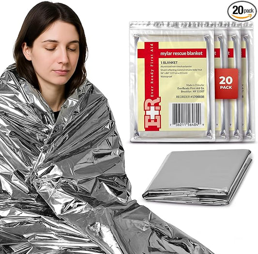 Ever Ready First Aid Mylar Rescue Blanket, Large Silver Thermal Sheet for Emergency and Survival, 54” x 84” – 20 Count
