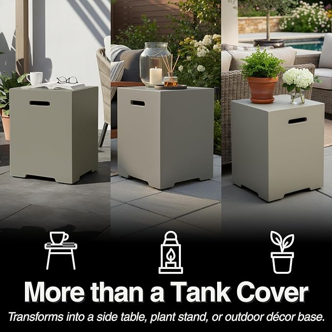 Propane Tank Cover Table for Fire Pits, 20 LB Concrete Propane Tank Holder with Side Handles, Outdoor Tank Storage Side Table for Patio, Gas Griddle, Aqua Grey