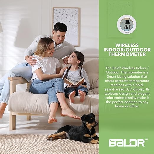 BALDR Wireless Indoor Outdoor Thermometer - 2.5” LCD Display Digital Thermometer for Home - Surface or Wall Thermometers Indoor & Outdoor Weather Station with Wireless Remote Transmitter (White)