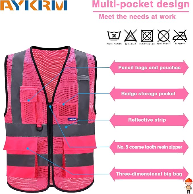 A-SAFETY High Visibility Mesh Safety Reflective Vest with Pockets and Zipper,Hi Viz Work Vest for Men Women (Pink Mesh XXL)