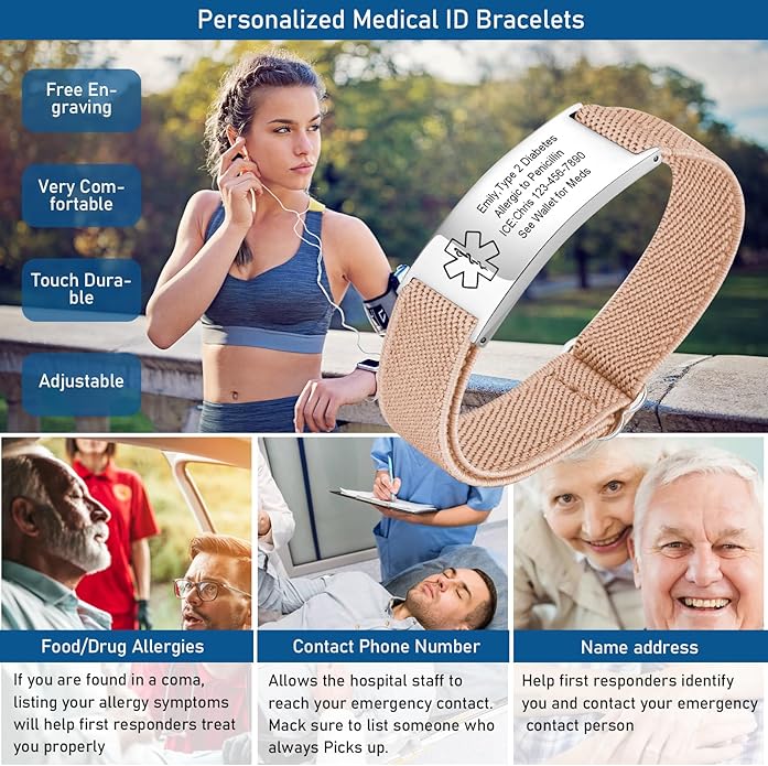 VNOX Medical Alert Bracelets for Men & Women Kids with Free Engraving Adjustable Stainless Steel Mesh Emergency Medical ID Bracelets Wristband