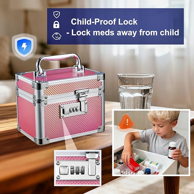 Adazzo Lockable Medicine Storage Box - Shiny Pink Cabinet Med Lock Organizer, 7 * 5.25 * 5.75 Inches Safe Case with Combination Lock for Home, Dorm, Office, or Travel - Mini Size