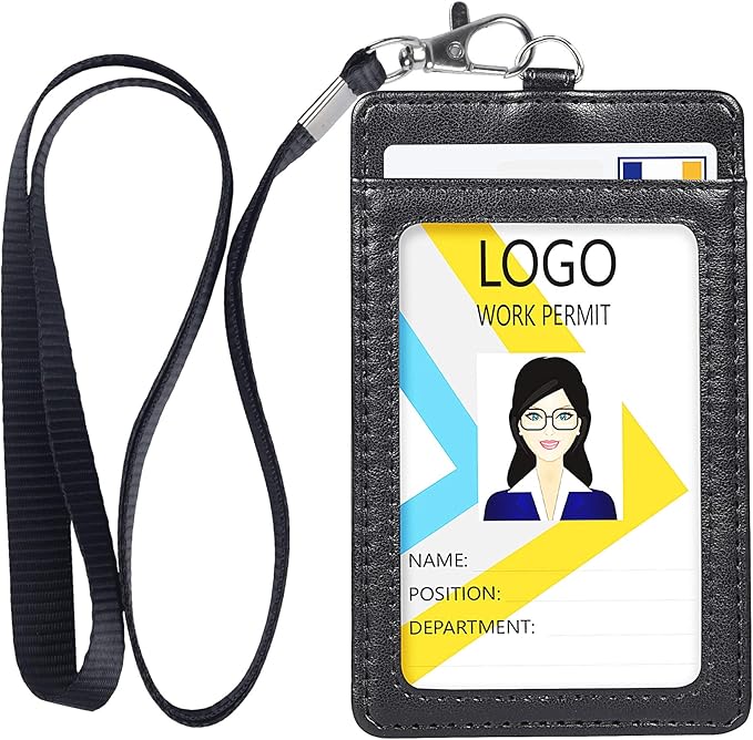 Teskyer Leather ID Badge Holder with Lanyard for Work School IDs, Cruise Ship Cards, Hotel Key Card, All Kinds of Pass Cards - Black