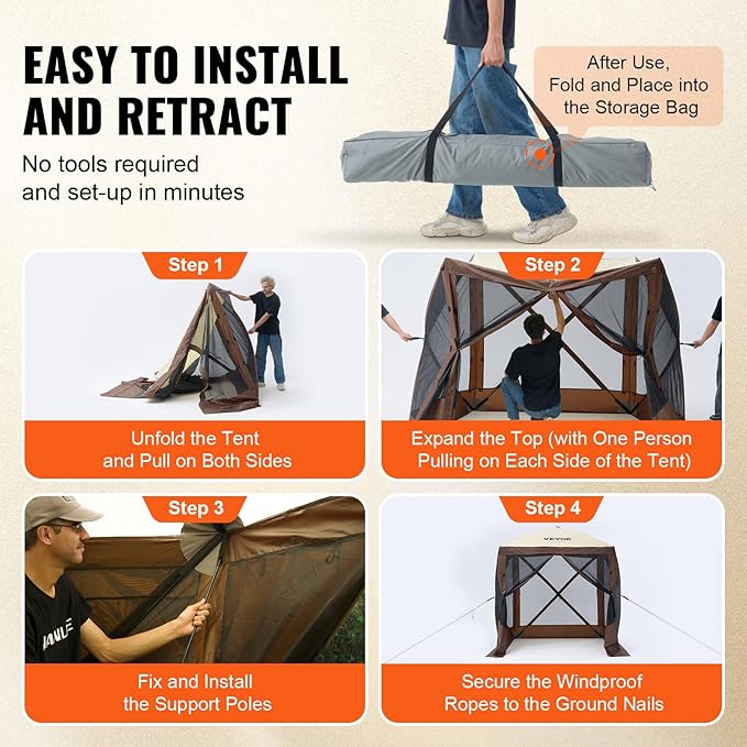 VEVOR Pop Up Gazebo Tent, Pop-Up Screen Tents 4 Sided Canopy Sun Shelter with 4 Removable Privacy Wind Cloths & Mesh Windows, 6x6FT Quick Set Screen Tent with Mosquito Netting, Brown