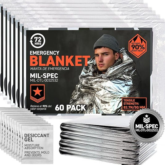 72 HRS Large Emergency Mylar Space Blankets 60-Pack, MIL-SPEC 54″ × 88″ Thermal Survival Foil – Retains 90% Body Heat, Waterproof Reflective Blanket for Camping, Hiking, Marathon, First Aid