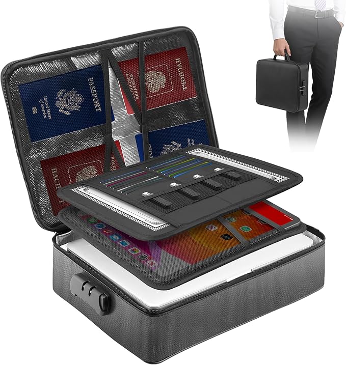 Fireproof Waterproof Document Bag with Lock - Kanhiro Upgraded Fireproof File Organizer, Portable Safe Box And File Box For Home Travel, Important Document Organizer For Passport, Certificates, Laptop