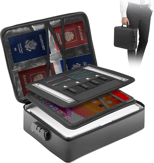 Fireproof Waterproof Document Bag with Lock - Kanhiro Upgraded Fireproof File Organizer, Portable Safe Box And File Box For Home Travel, Important Document Organizer For Passport, Certificates, Laptop