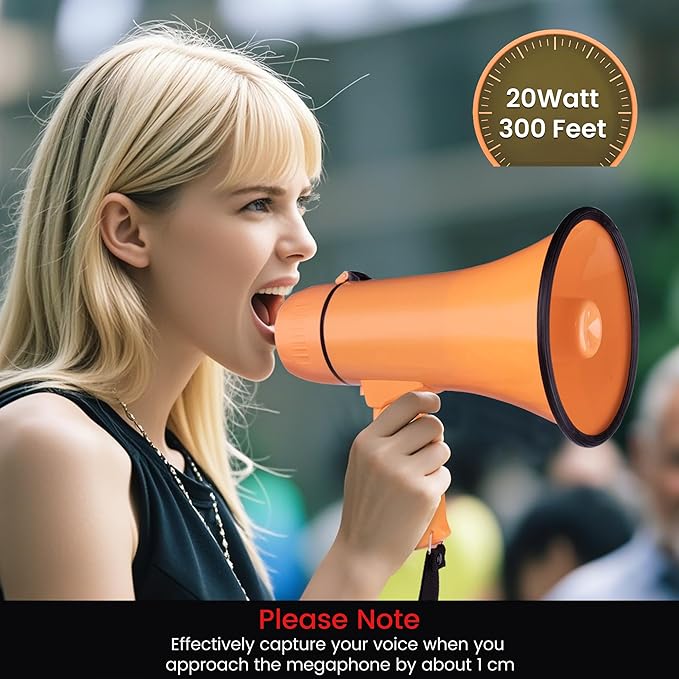 Portable Megaphone Bullhorn 20 Watt Power Megaphone Speaker Voice and Siren/Alarm Modes with Volume Control and Strap (Light Orange)