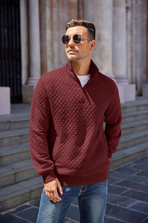 COOFANDY Mens Quarter Zip Pullover Quilted Sweatshirt Knit Long Sleeve Mock Neck Sweater Polo with Pocket