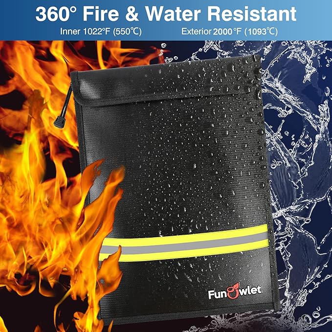 Fireproof Waterproof Money Document Bag - 15" x 11" Upgraded Zipper Bags, Fire & Water Resistant Storage Organizer Pouch for A4 A5 Documents Holder,File,Cash,Jewelry,Passport,Tablet,Laptop (Black)