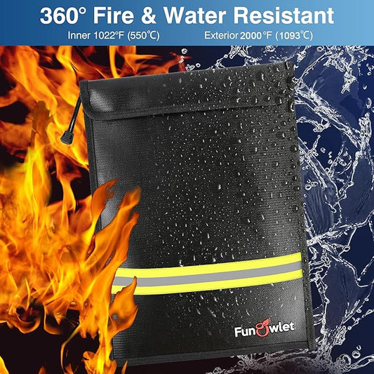 Fireproof Waterproof Money Document Bag - 15" x 11" Upgraded Zipper Bags, Fire & Water Resistant Storage Organizer Pouch for A4 A5 Documents Holder,File,Cash,Jewelry,Passport,Tablet,Laptop (Black)