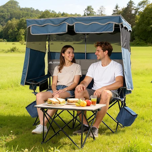 Double Beach Chair With Canopy Shade Camping Chair With Canopy Oversized Camping Chair With Removable Roof Folding Loveseat Chair With Two Cup Holders and Cooler Bag For Camping,Beach, Fishing