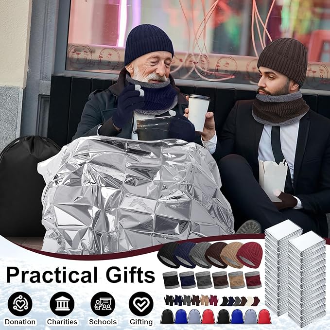 252 Pack Homeless Care Package Supplies Bulk Care Kit for Winter Beanie Gloves Sock Drawstring Bags Blankets for Women Men Gift (Silver)