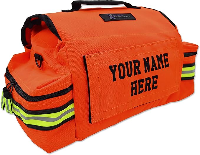 Lightning X Personalized First Responder EMT EMS Trauma Bag w/Stocked First Aid Fill Kit B & Custom Embroidered Name Patch (Orange)