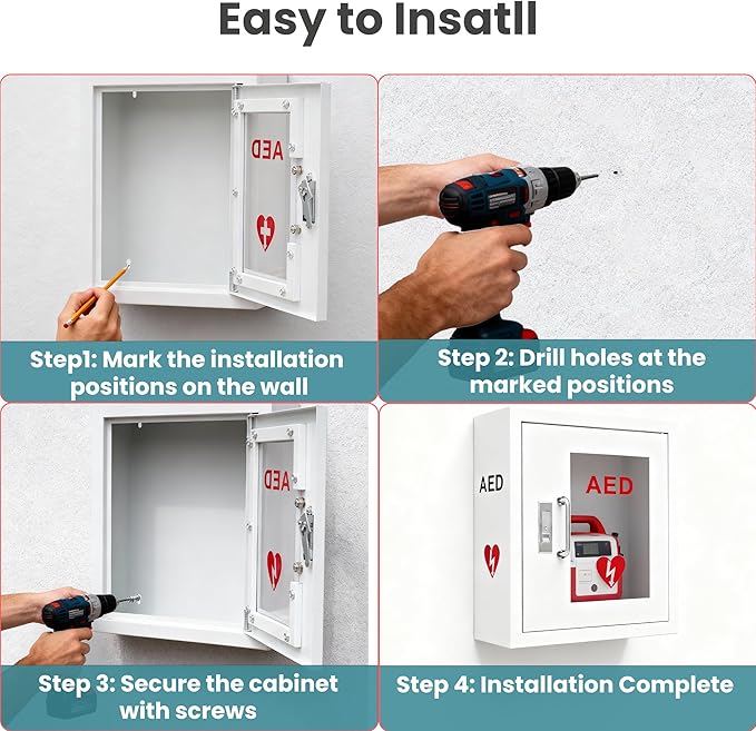 AED Cabinet Wall Mounted, Steel Defibrillator Storage Case with PVC Clear Window, Handle and Snap Lock, AED Defibrillator Cabinet for Home, Hospital 14.2 x 7.8 x 15.7 Inch