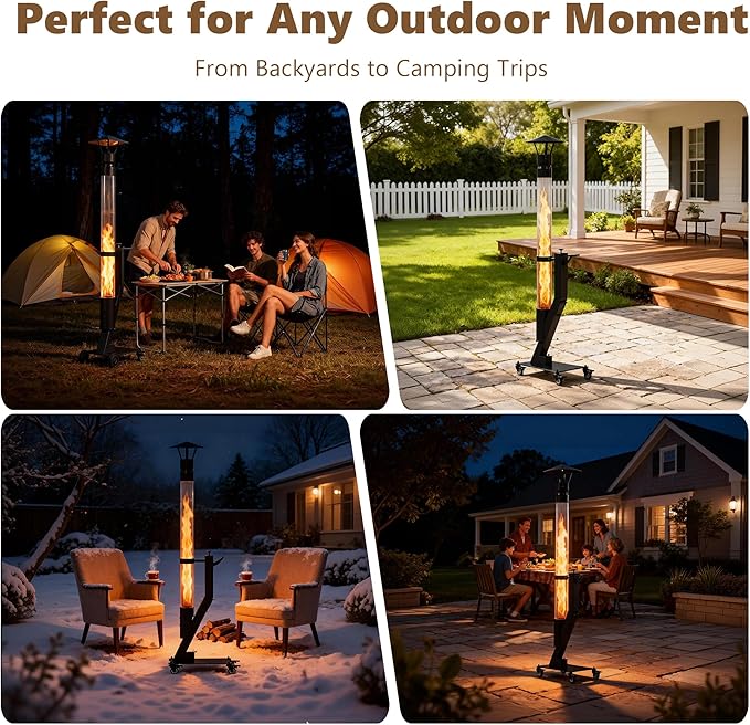 Patio Heater with Clean Ash System, Portable Wood Pellet Patio Heater - Rocket Stove & Glass Tube Outdoor Fire Pit for Backyard, Camping, Deck, Garden, All Seasons