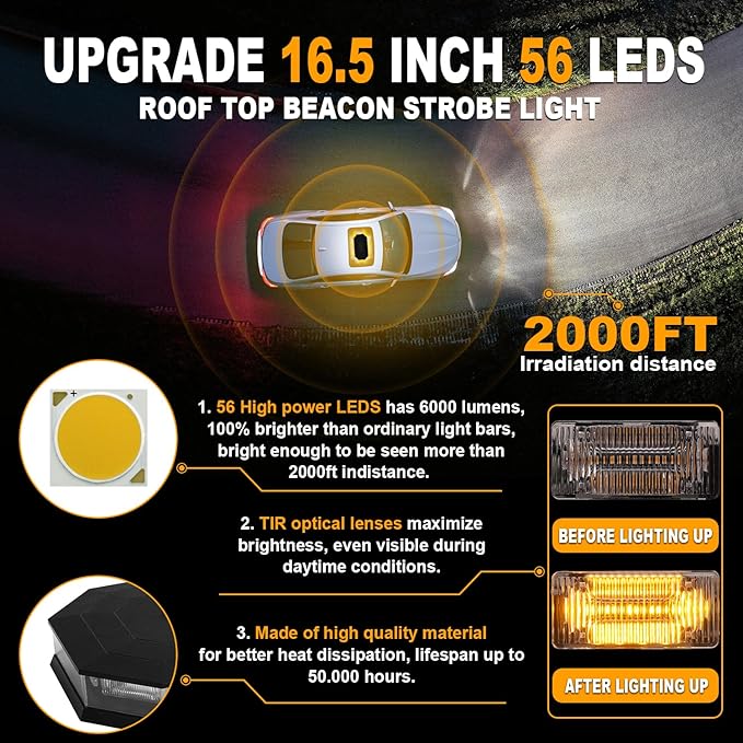 ASPL 16.5 Inch Roof Top Beacon Emergency Strobe Light 56 LED Magnetic Warning Caution lights bar Traffic Hazard Plow Light for Trucks Vehicles Construction Snowplow (Amber/White)