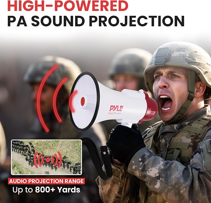 Pyle Lightweight 30-Watt Megaphone Bullhorn Speaker - Adjustable Volume, Built-in Siren for 800-Yard Range Suitable for Indoor/Outdoor Sports, Cheerleading, and Events (PMP30)