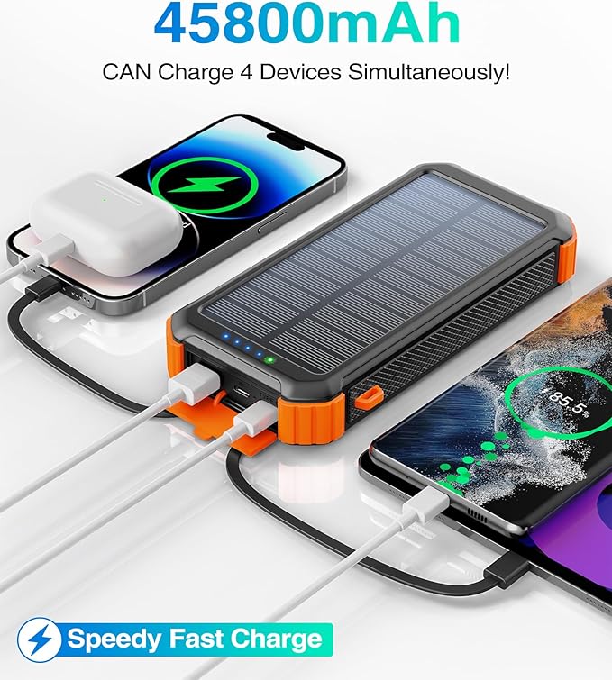 LATIMERIA 45800mAh Solar Charger Power Bank, Portable Phone Charger with 5V3.1A QC 3.0 Fast Charging, Solar Panel USB C in/Output for Cellphone, External Battery Pack with Dual Flashlights for Hiking