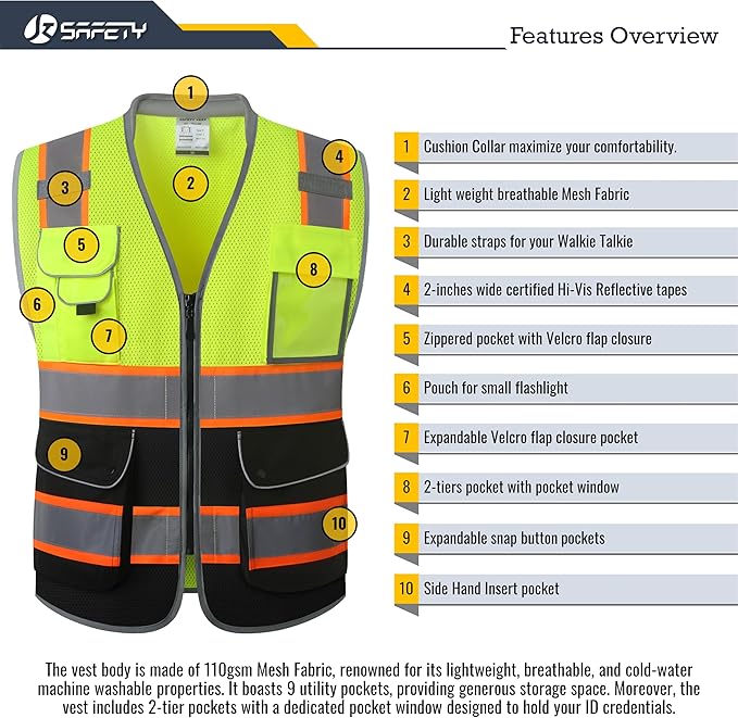 JKSafety 9 Pockets Class 2 Hi-Vis Safety Vest High Visibility Reflecitive Mesh Safety Vests for Men and Women Cushioned Collar Work Utility PPE Work Gear ANSI/ISEA compliant (101-YBlack XL)