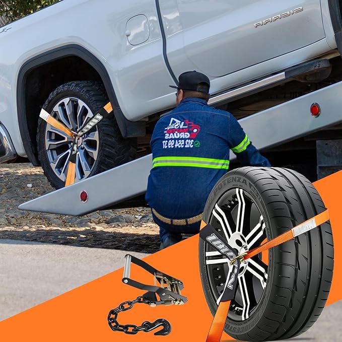 4 Pack Car Tie Down Straps for Trailers with Heavy Duty Chain Anchors 2" x 96" - 3,300 lbs Safe Working Load -Adjustable Wheel Straps with Chain Hook Anchors for Trailers.Orange