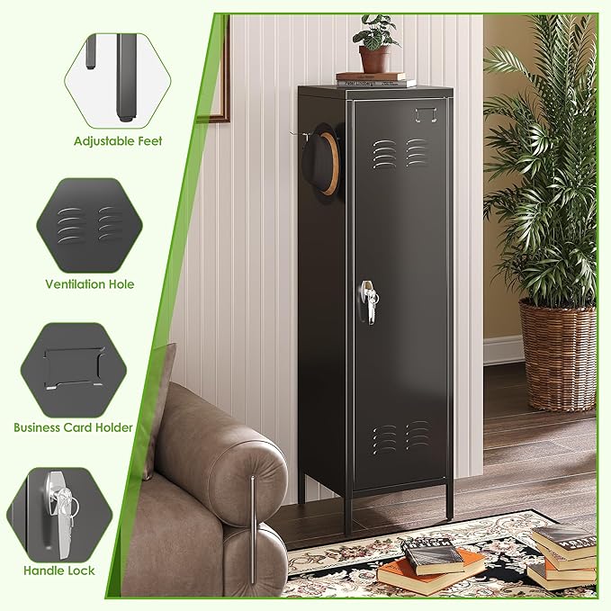 1 Door Metal Storage Lockers with Handle and Hanging Rod,Metal Locker for Employees with Pegboard and Hooks for Home,Office,Gym, School, Garage,Assembly Required,Black