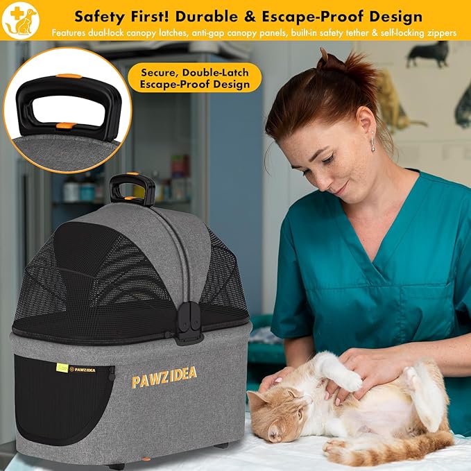 PAWZIDEA Portable Small Dog Crate for Car Travel, Enclosed Pet Car Seat for Small/Medium Dogs & Cats up 33 lb, Reversible No-Zip Canopy, Soft-Sided Pet Carrier Basket, Foldable Dog Kennel, Metal Frame
