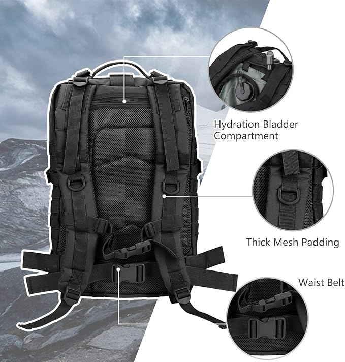 MOLLE Assault Backpack, Tactical Backpack Military Army Camping Rucksack, 3-Day Pack, D-Rings, Black with Gray Patch