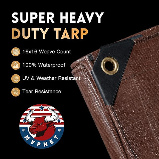 Tarp 10x20 ft Super Heavy Duty 16mil 100% Waterproof,Uv Resistant,High Durability Multipurpose Brown Tarp Suitable for Courtyards, Cars, Camping, Gardens, Pet Nests -by Mvpnet