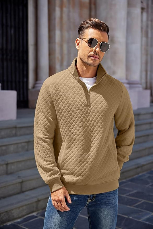 COOFANDY Mens Quarter Zip Pullover Quilted Sweatshirt Knit Long Sleeve Mock Neck Sweater Polo with Pocket