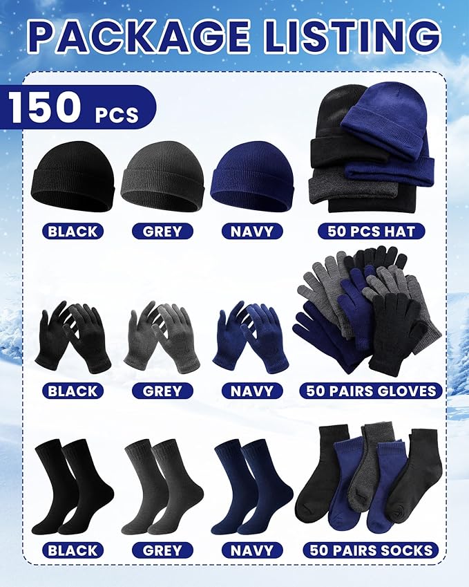 Suhine 150 Pcs Bulk Homeless Supplies Winter Beanies Gloves Socks Set Warm Care Package Homeless Kits for Cold Weather Items
