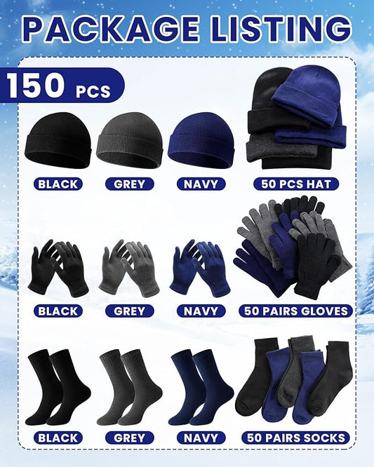 Suhine 150 Pcs Bulk Homeless Supplies Winter Beanies Gloves Socks Set Warm Care Package Homeless Kits for Cold Weather Items