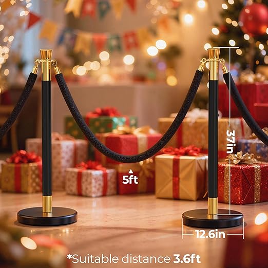 12pcs Sturdy Stanchion Posts, 12pcs High Quality Black Velvet Ropes, Water/Sand/Concrete Fillable Leakproof Base, Crowd Control Barriers for Birthday, Prom, Business, Wedding, Red Carpet