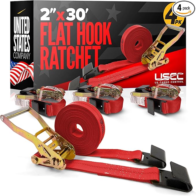 US Cargo Control Flat Hook Ratchet Straps 2 Inch X 30 Foot (4-Pack), 10,000 LBS Break Strength, Red Heavy Duty Ratchet Straps with Black Flat Hooks, Tie Downs for Flatbed Trailer