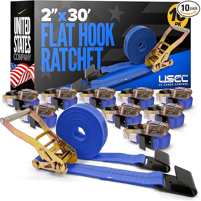US Cargo Control Flat Hook Ratchet Straps 2 Inch X 30 Foot (10-Pack), 10,000 LBS Break Strength, Blue Heavy Duty Ratchet Straps with Black Flat Hooks, Tie Downs for Flatbed Trailer