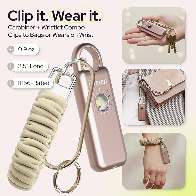 Weten Personal Safety Alarm Keychain – 130dB Siren with Bottom Speaker, LED Light, Wristlet & Carabiner Clip – Weatherproof Self Defense Alarm with Low Battery Alert (Metallic Rose)