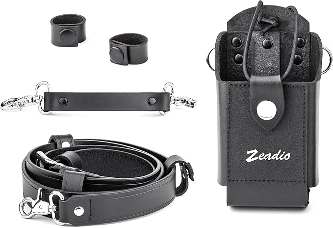 Zeadio Leather Universal Radio Holster, Heavy Duty Radio Pouch Holder with Anti-Sway Radio Strap for Kenwood Motorola Baofeng Two Way Walkie Talkies