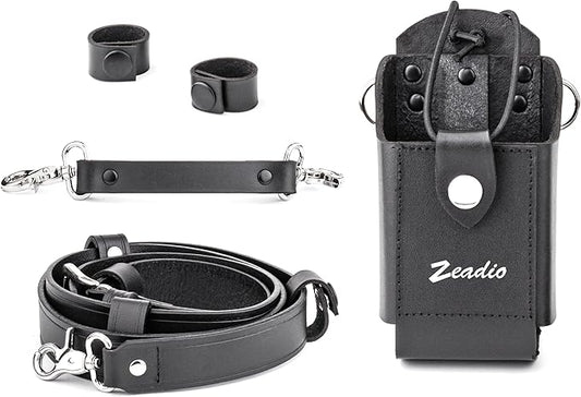 Zeadio Leather Universal Radio Holster, Heavy Duty Radio Pouch Holder with Anti-Sway Radio Strap for Kenwood Motorola Baofeng Two Way Walkie Talkies