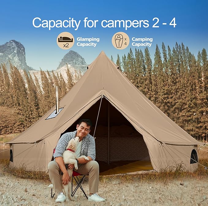Cotton Canvas Bell Tent, Waterproof Large Tents with Sturdy Center & Door Pole and Space for 4/6/8 Person All 4 Season Camping Yurt Tent