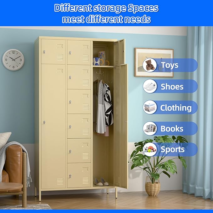 Metal Lockers for Employees with 10 Doors, 72" H Steel Lockable Storage Lockers with 6 Hooks and 10 Card Holder for Office, Home, Gym, School, Employees, Camel