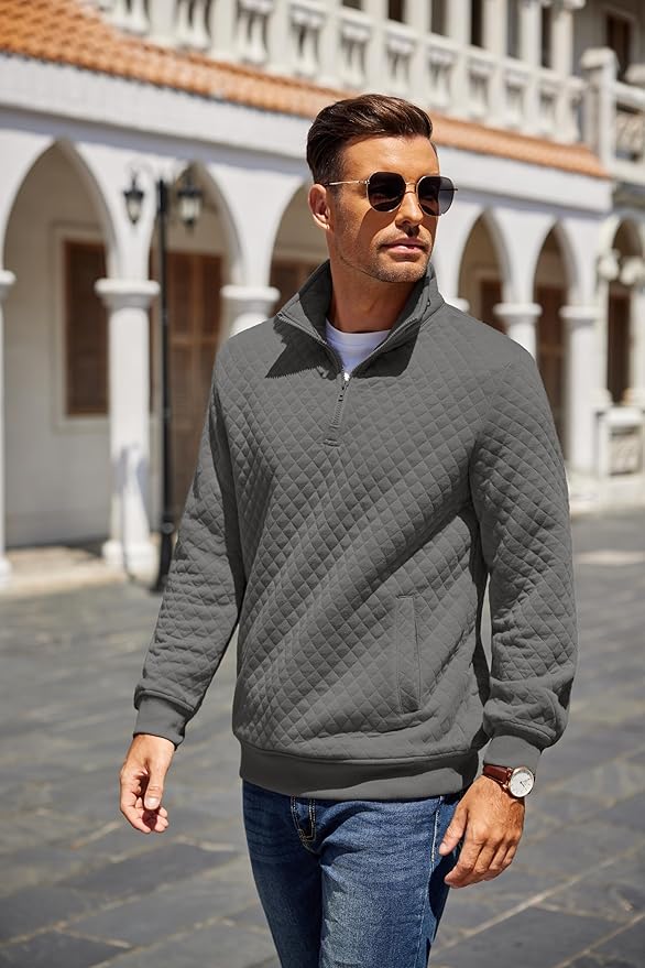 COOFANDY Mens Quarter Zip Pullover Quilted Sweatshirt Knit Long Sleeve Mock Neck Sweater Polo with Pocket