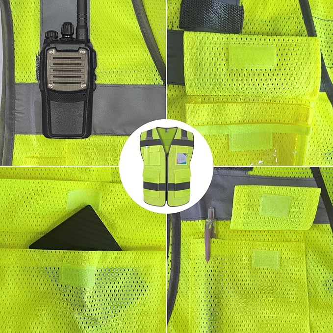 TCCFCCT Mesh Safety Vest 5 Pockets High Visibility Reflective Vest for Men Women, Durable Construction Vest with Horizontal Strip for Walkie-talkie, Meets ANSI/ISEA Standards, Yellow, L