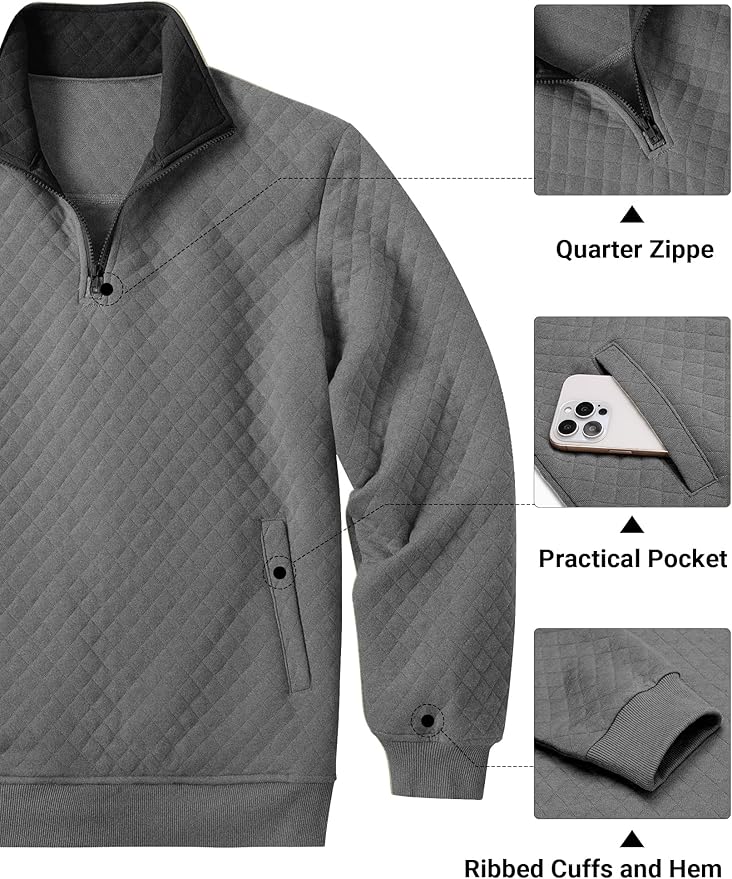COOFANDY Mens Quarter Zip Pullover Quilted Sweatshirt Knit Long Sleeve Mock Neck Sweater Polo with Pocket